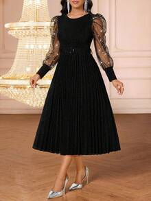 SHEIN Lady Đầm dài tay cổ tròn, thắt eo, xếp ly, thêu họa tiết dành cho nữ. - màu đen - Xem 3