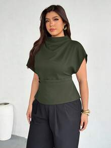 Firerie Plus Size Women Casual Elegant Vacation Ruched Collar Asymmetrical Sleeve Side Waist Commuter Bamboo Linen Fabric Blouse, Spring/Summer - Green - View 4