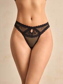 Charlaine Women's Elegant Sexy Lace Contrast Mesh Thong Panties - Black - View 6
