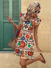 SHEIN Clasi 女士圆领喇叭袖荷叶边松紧腰A字热带花卉印花优雅休闲度假迷你连衣裙，春夏款 - 彩色 - 查看 12