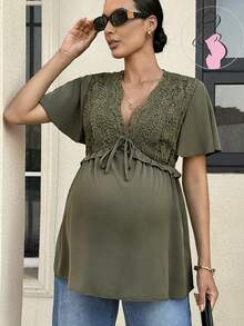 MaterniWear 孕妇V领打结设计休闲百搭日常短袖衬衫 - 軍綠色 - 查看 1