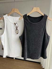 Comfortcana 2 piezas Camiseta de punto de cuello redondo sin mangas, unicolor negro y blanco, lavada y cómoda, talla grande, primavera/verano - Multicolor - Ver 5