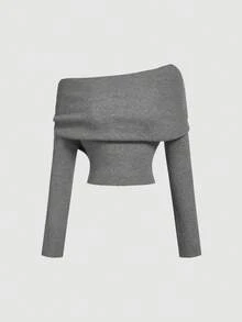 SHEIN MOD Sweater Rajut Wanita Warna Khaki dengan Model Bahu Terbuka - Grey - View 3
