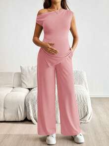 SHEIN Bộ đồ bầu màu trơn, vai lệch, gấu lệch, dáng ôm, phong cách thường ngày mùa hè, 2 món. - Màu Hồng baby - Xem 3