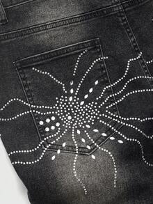 ROMWE MEN Men's Rhinestone Embellished Denim Jeans, Suitable For Everyday Wear, Spring/Summer - Black - View 5