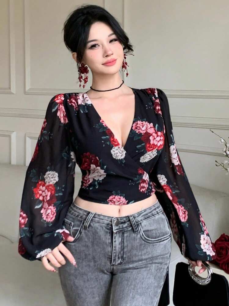 Women's V-Neck Printed Long Sleeve Cropped Tie-Front Elegant Blouse Boho