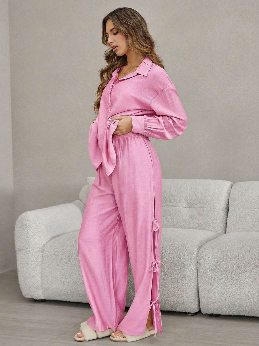 HautHeat Women Solid Color Long Sleeve Top And Pants Pajama Set - Pink - View 1