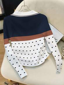 SHEIN Elegant Color-Blocked Polo Collar Women's Long-Sleeved T-Shirt,Black And White,Autumn,Cute,School,Back-To-School Fashion Commuting Casual Office Wear - Multicolor - View 2