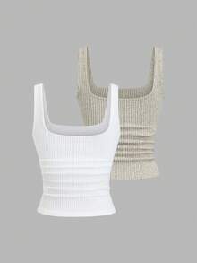 Sweetra Bộ 2 áo tank top dệt kim cổ tròn dáng casual dành cho nữ, màu mơ và nâu cà phê, thích hợp cho mùa thu. - Nhiều màu - Xem 2