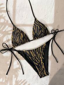 Swim Vcay 2pcs/Set Women's Sexy Random Leopard Print Spaghetti Strap Backless Side Tie Bikini Set Set, Spring/Summer 2026 - Multicolor - View 2