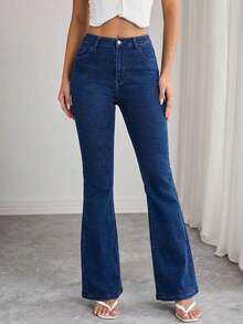 SHEIN Tall Women's Casual Washed High Waist Flare Jeans - Royal Blue - View 5