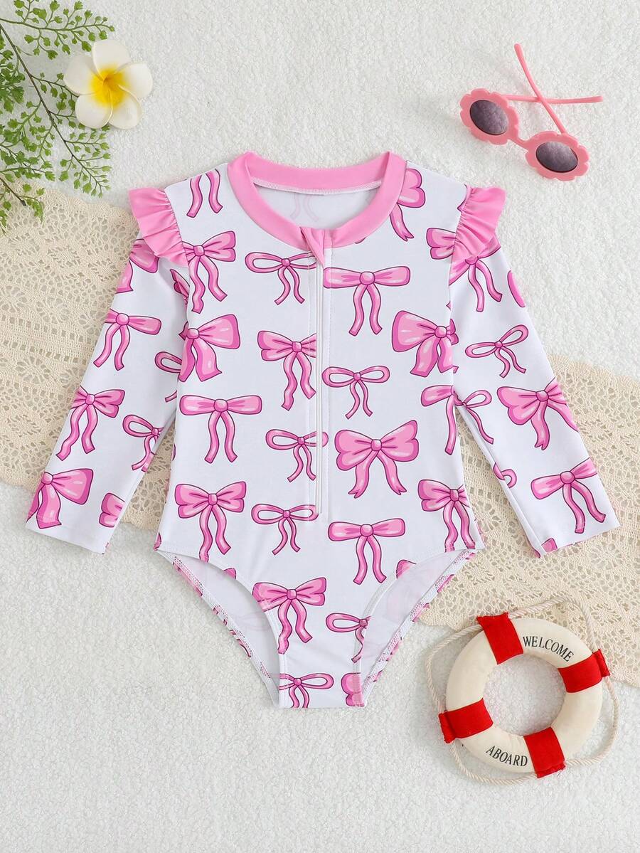 SHEIN Young Girls' Pink Bow Print Long Sleeve One-Piece Swimsuit,Summer Beach Holiday Thermal Spring Modest Rash Guard Swimwear Bathing Suits For Kids