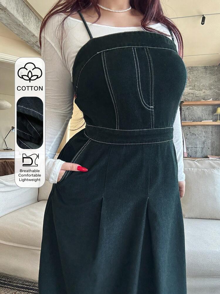 Dazy Plus Vintage Washed Elastic Fitted Pleated Sleeveless Denim Slip Dress, Casual For Spring/Summer/Autumn
