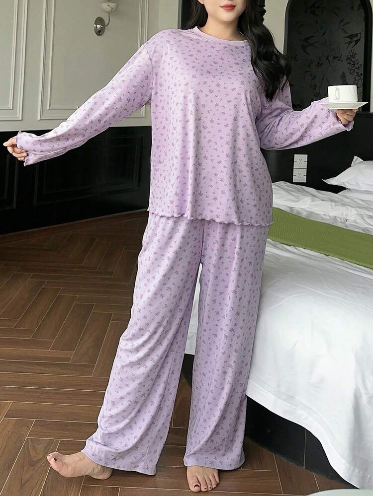 Dazy Plus Plus Size Women's Ditsy Floral Loose Pajama Set, Comfortable Home Wear For Spring & Autumn