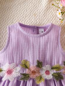 SHEIN 新生女嬰無袖花卉刺繡純棉洋裝 可愛薰衣草色 夏季 嬰兒派對 出遊 拍照 3D 丁香紫洋裝 1-9個月 - 紫色 - 查看 6