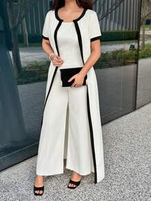 Modelyn Summer Middle East Style Sleeveless Striped 2 Pieces Casual Long Jumpsuit Set - White - View 7