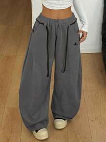 Coolane Women's Fall/Winter Streetwear Back To School Preppy Casual Warm Comfortable French Grey Elastic Waistband Curved Hem Pants - Dark Grey - View 4