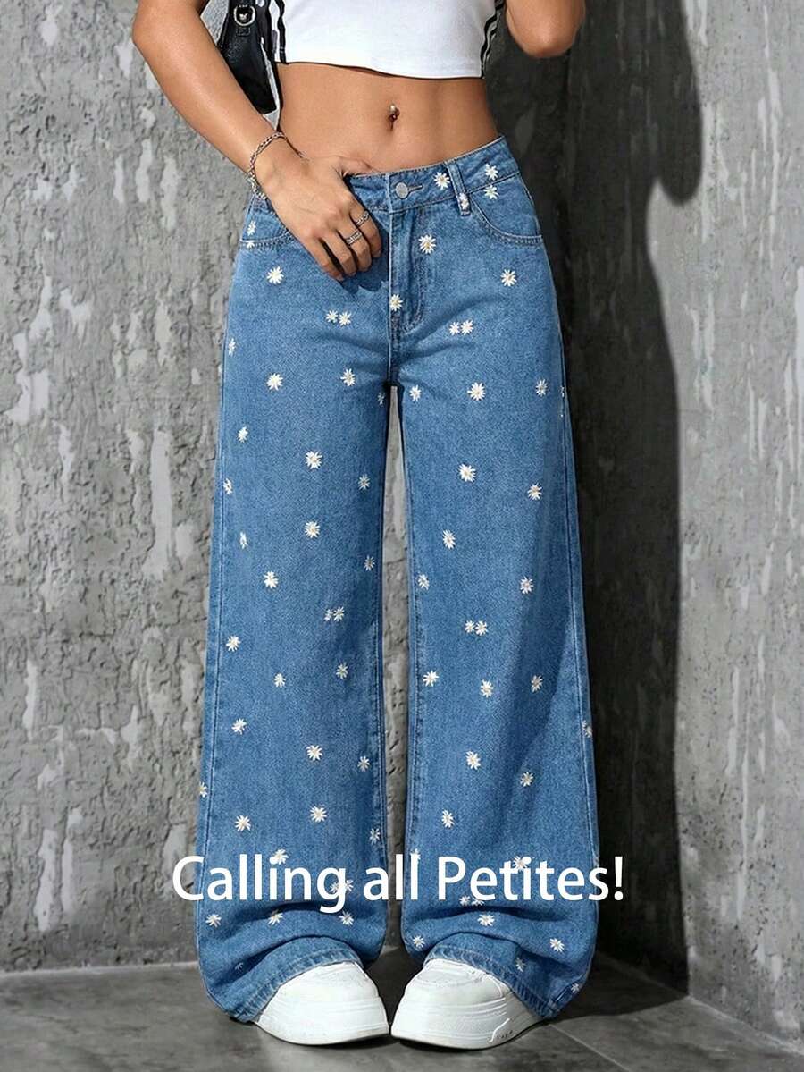 SHEIN PETITE Quần jean nữ thường ngày thêu hoa - Rửa nhẹ - Xem 1