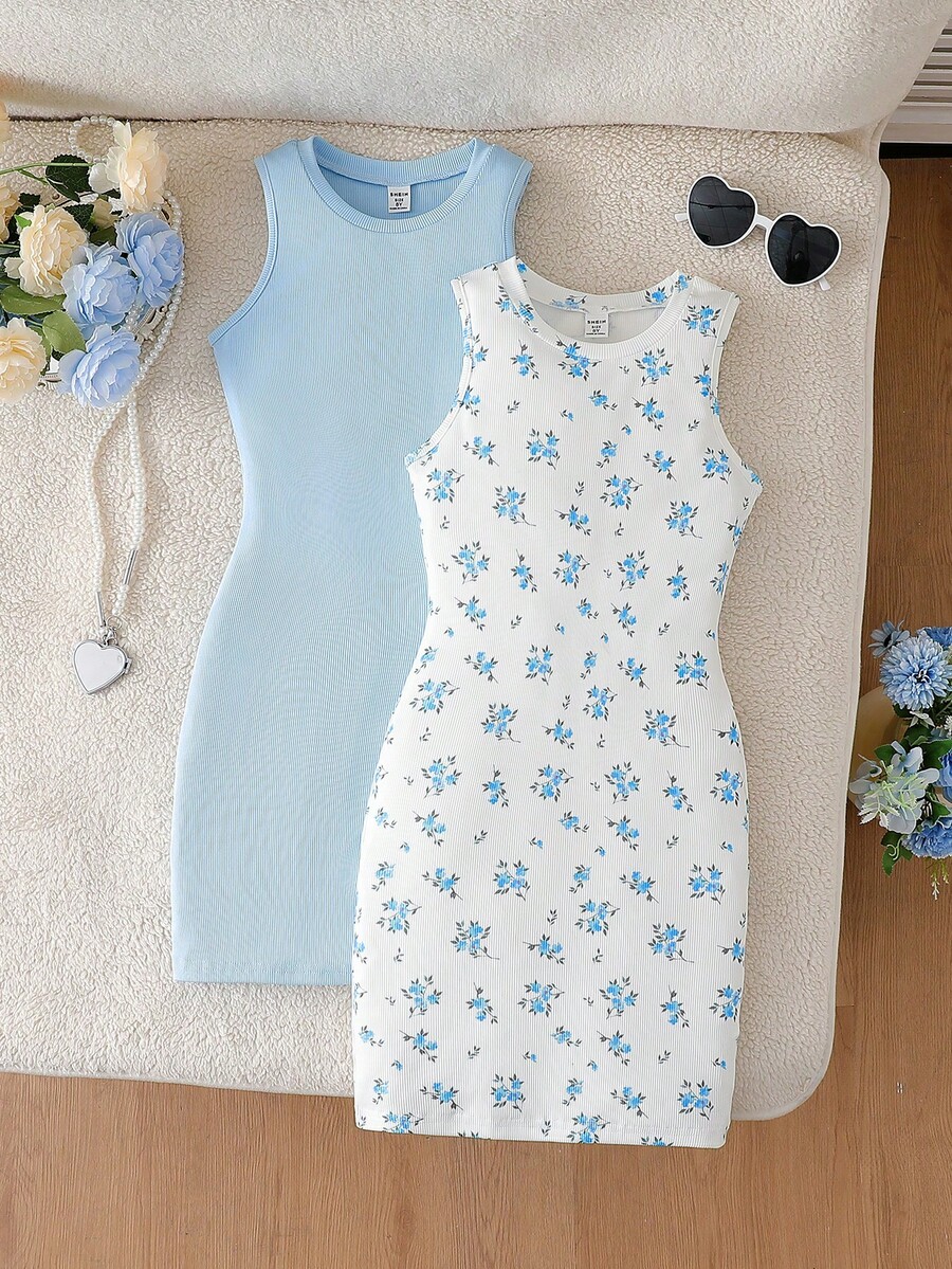 Vintaside Kids 2pcs Girls Butterfly Pattern Colorblock Ribbed Bodycon Sleeveless Casual Street Chic Dress, Summer