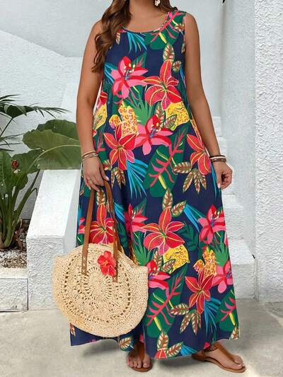 Plus Size Round Neck Sleeveless Summer Tropical Print Dress,Country Casual Vacation Outfits Woman,Simple And Fashionable For Everyday Wear,Summer Tops Women,Vacation Outfits Woman Summer Outfits For Women Office Wear, Vacation Outfits Woman, Summer Outfits For Women Festival Boho,Holiday Outfit, Summer Dresses