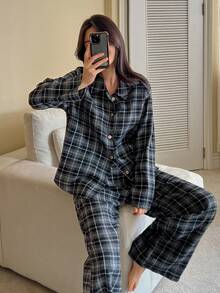 DAZY 2pcs Plaid Loose Cardigan Long Sleeve & Pants Pajama Set For Women, Spring & Autumn - Black - View 4