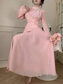 Modelyn Đầm hồng dài tay cổ đứng phối màu tương phản thanh lịch, thắt eo. - Hồng - Xem 7