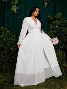 Roveilla Vestido de manga larga con cintura ceñida y falda acampanada, con cuello y ribete floral, talla grande, para boda, fiesta y ocasiones especiales - Blanco - Ver 4