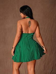 Rustia Đầm mini dáng chữ A gợi cảm, cổ yếm, chấm bi thời trang dành cho nữ cỡ lớn - Màu xanh lá cây đậm - Xem 2
