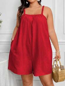 EMERY ROSE Plus Size Women's Summer Solid Color Simple Daily Wear Romper With Straps Short Summer Dresswomen Romperblack Dress Shortromper Dressshort Jumpsuit - Red - View 4