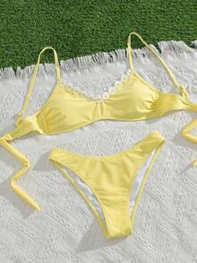 Swim Mod Women's Spring/Summer Beach Music Festival Light Yellow Floral Woven Ribbon Spaghetti Strap High Cut Bottoms Cute And Fresh Women's Bikini Two Pieces Set - Yellow - View 6