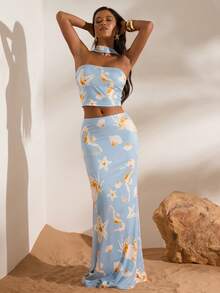 Opulessa Bộ 2 món gồm áo croptop in họa tiết và chân váy cạp thấp dành cho nữ, trang phục đi nghỉ mát, mùa xuân/hè. - Màu xanh lam - Xem 3