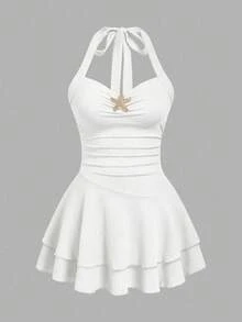 SHEIN CURVE+ Women's All White Summer Cute Silky Beach Party Vacation Dress,Starfish Metal Decor Off-The-Shoulder Spaghetti Strap Ruched Waist Slim Fit Mini Dress - Beige - View 5