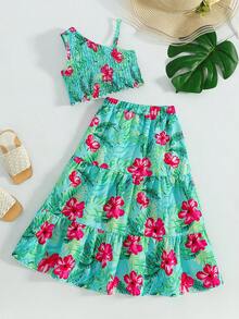 SHEIN 女童2件套：無袖細肩帶上衣+熱帶花卉印花層次荷葉邊裙，夏季海灘度假穿搭，女童禮拜裙 - 綠色 - 查看 1