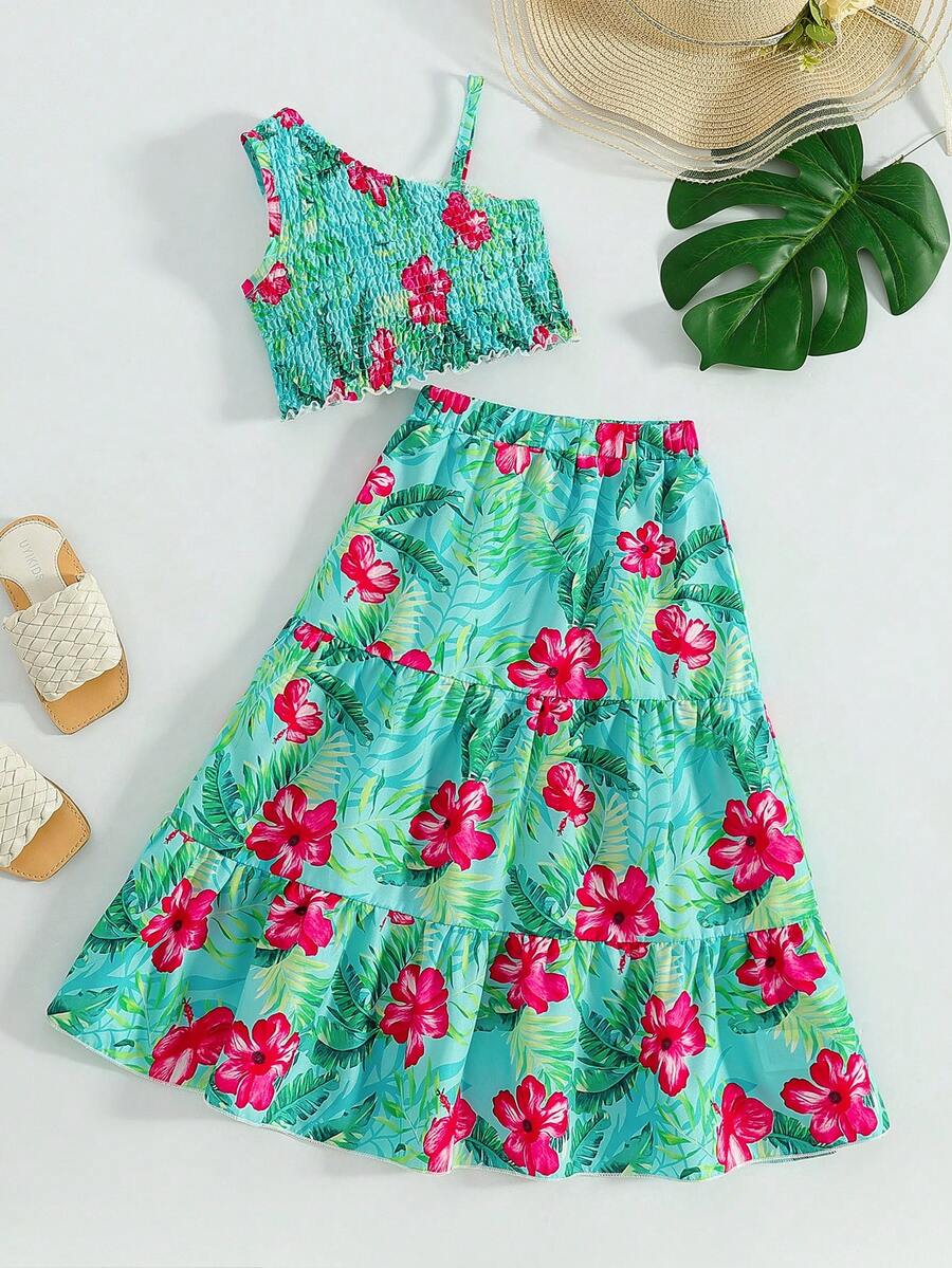 SHEIN 女童2件套:無袖細肩帶上衣+熱帶花卉印花層次荷葉邊裙,夏季海灘度假穿搭,女童禮拜裙 - 綠色 - 查看 1