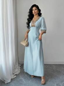 Elenzga 时尚新款女士杏色V领泡泡袖刺绣珍珠装饰修身中长连衣裙，适合日常穿着、婚礼、晚宴、通勤、毕业派对、节日、约会、聚会、万圣节、圣诞节、新年、感恩节、婚礼等场合。 - 水藍色 - 查看 6