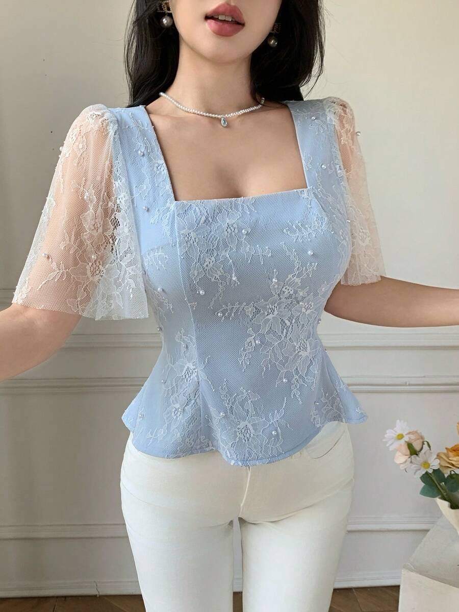 Celisse Áo kiểu ngắn màu xanh nhạt phối ren và ngọc trai, tay áo bằng vải lưới xuyên thấu, thanh lịch cho các buổi hẹn hò, tiệc tùng, phong cách sang trọng độc đáo. - Màu xanh lam - Xem 1