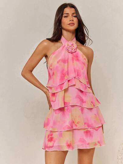 Enchnt Spring/Summer Romantic Women's Pink 3D Flower Decor Halter Neck Mini Cake Dress,Sweet&Elegant For Vacation&Date&Holiday&Going Out,Spring Outfit Women