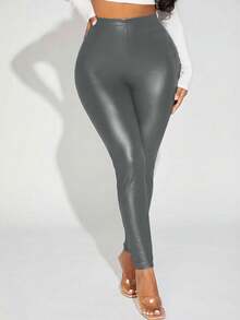 SHEIN Tall CURVE Plus Size Solid Color High Waist Slim Fit Casual Leggings - Grey - View 5