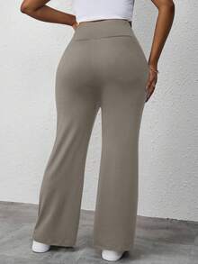 SHEIN PETITE CURVE Pantaloni della tuta a vita alta, ampi e comodi, traspiranti e versatili, in tinta unita, taglie comode - Cachi - Visualizzare 2