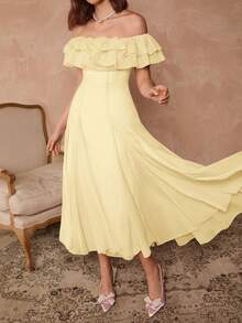 Enchnt 女士露肩荷叶边下摆纯色中长连衣裙 - 黃色 - 查看 3