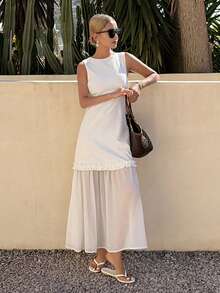 DAZY Women's Sleeveless Frill Trim Dress With Mesh Patchwork Sundress Summer - Ivory White - View 3