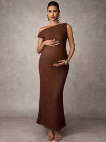 MaterniChic 孕妇夏季休闲度假纯色不对称领金属扣装饰修身连衣裙 - 棕色 - 查看 3