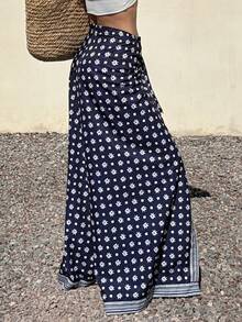 DAZY Women's Printed Wrap-Style Loose Wide Leg Pants, Casual Vacation Style - Navy Blue - View 3
