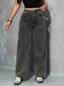 SHEIN PETITE Women's Pocketed Button Casual Versatile Daily Wear Wide Leg Jeans - Light Wash - View 3