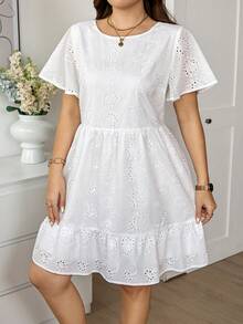 SHEIN LUNE 大码女式夏季休闲度假风纯色荷叶袖荷叶边连衣裙 - 白色 - 查看 4