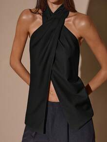 Blusa elegante de color café sólido con cuello halter sin espalda para mujer, top elegante, top con estilo de envoltura cruzada, otoño/invierno - Negro - Ver 6