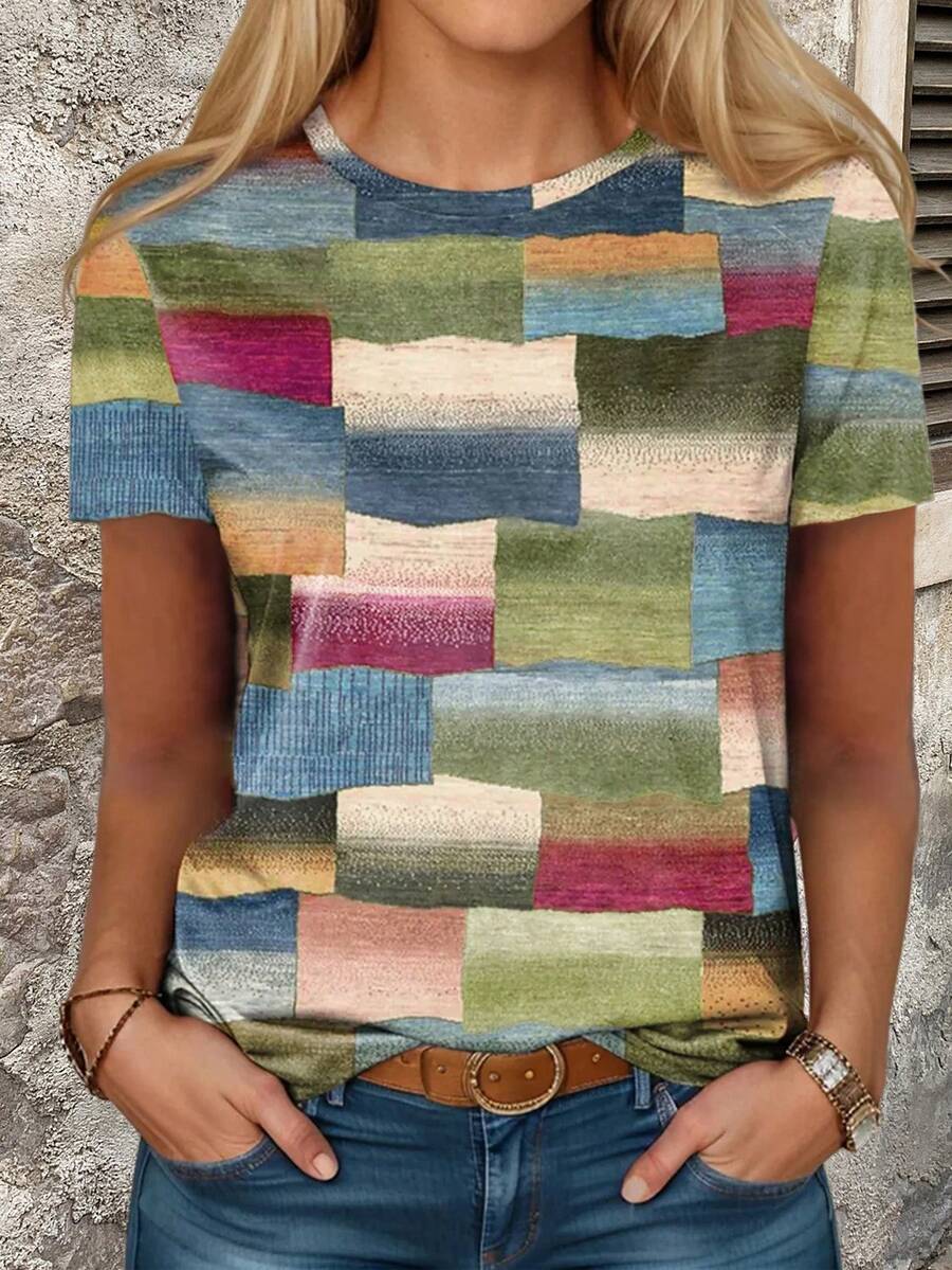 EMERY ROSE Women's Color Block Short Sleeve T-Shirt For Summer Graphic Tees Women Tops - Multicolor - View 1