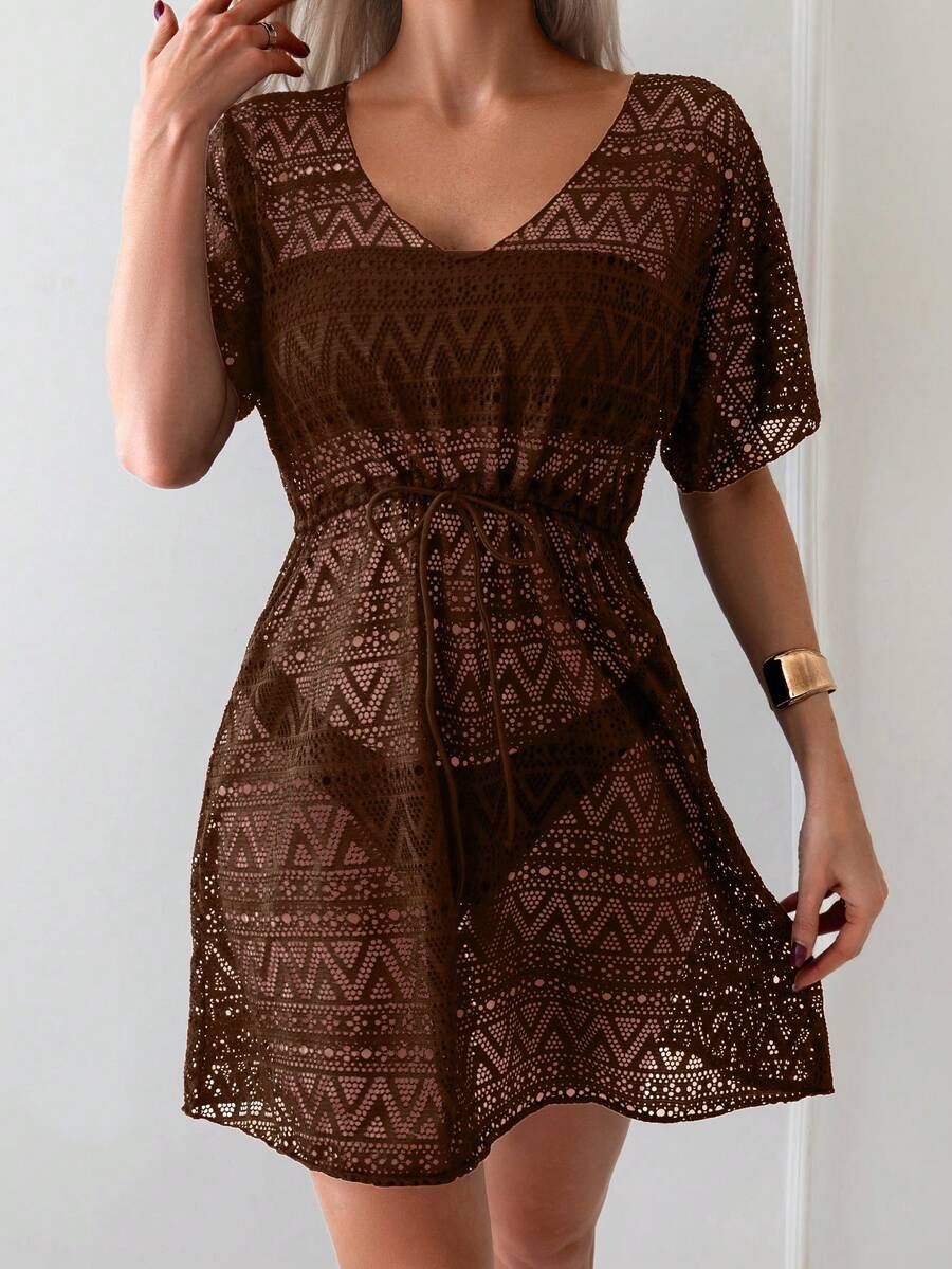 Swim Lushoire 女士休闲系带V领罩衫，适合海滩度假 - 棕色 - 查看 1