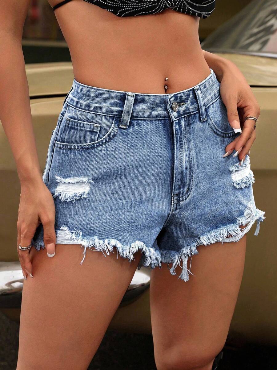 SHEIN ICON 夏季时尚休闲百搭做旧牛仔短裤 - 中等水洗藍 - 查看 1
