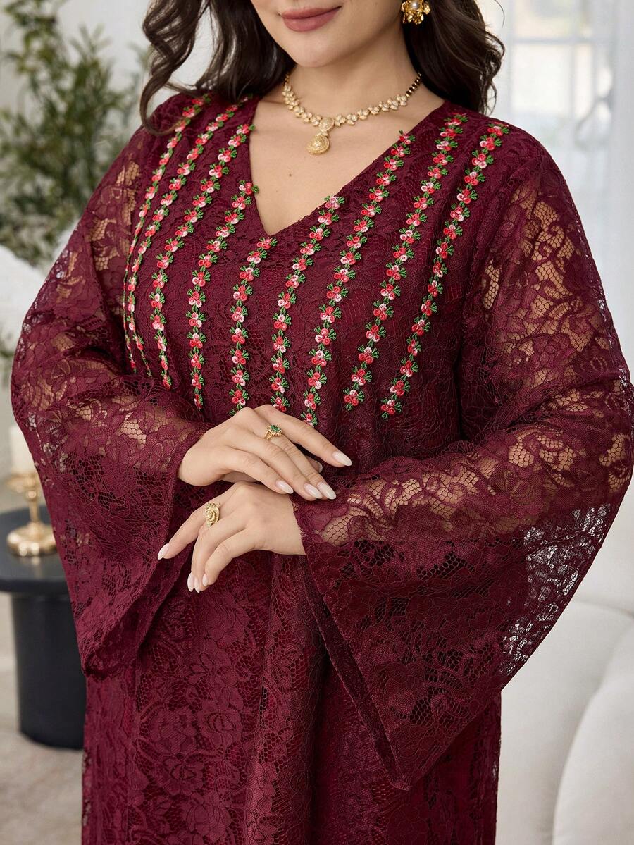 Al Najma Kaftan holgado de manga larga con cuello en V de encaje, ajuste regular, para primavera/otoño, talla grande - Burdeos - Ver 1
